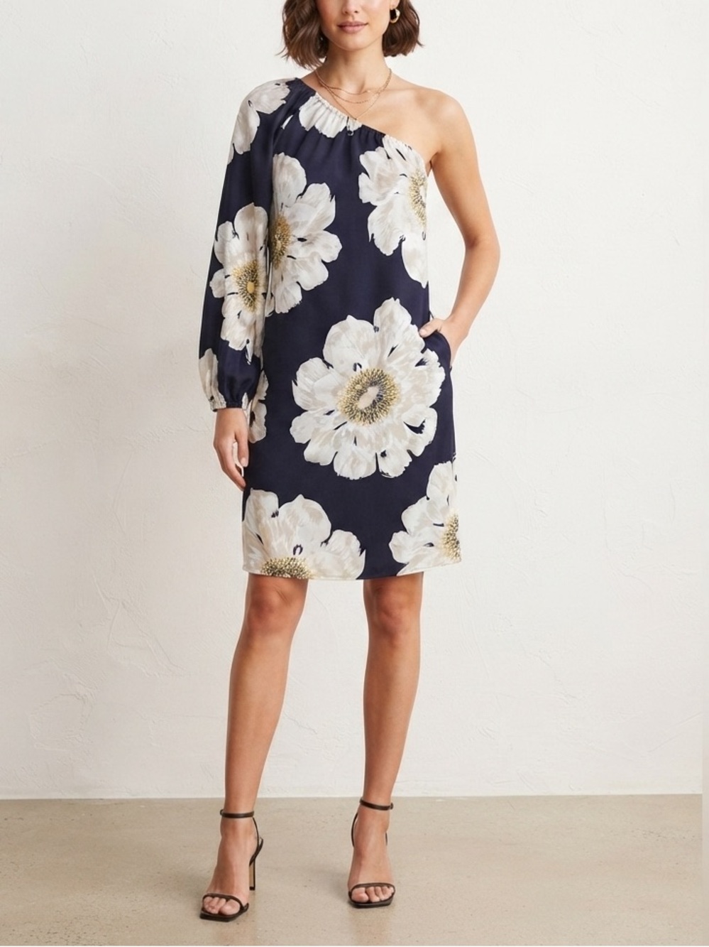 Warehouse Black One-Shoulder Dress with Cream Floral Print